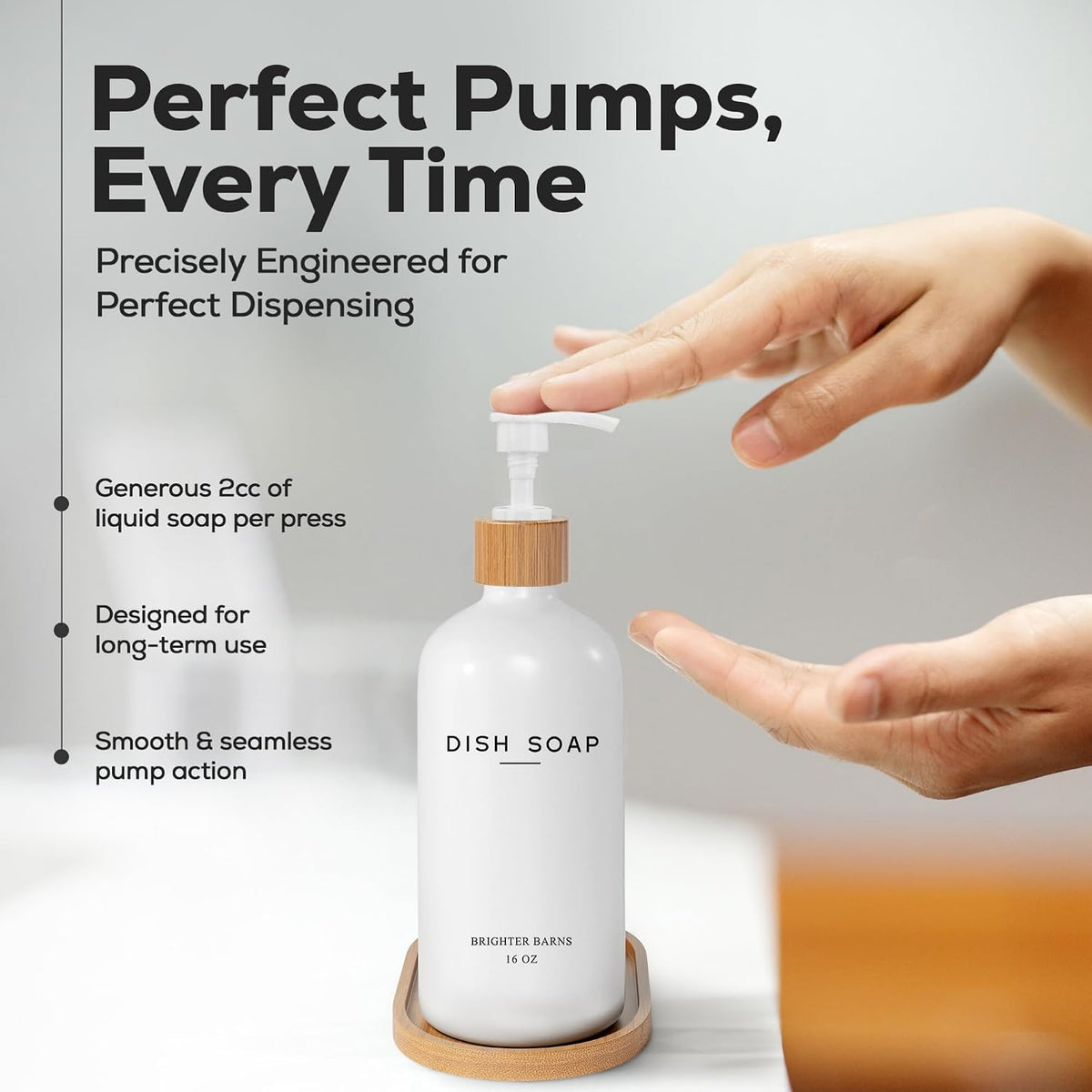White Glass Dish Soap Dispenser for Kitchen Sink by Brighter Barns - Kitchen Soap Dispenser Set with Tray - Bamboo Pump Bottle - Neutral Minimalist Home Decor in RV, Office, Home, Airbnb, Gift (White)