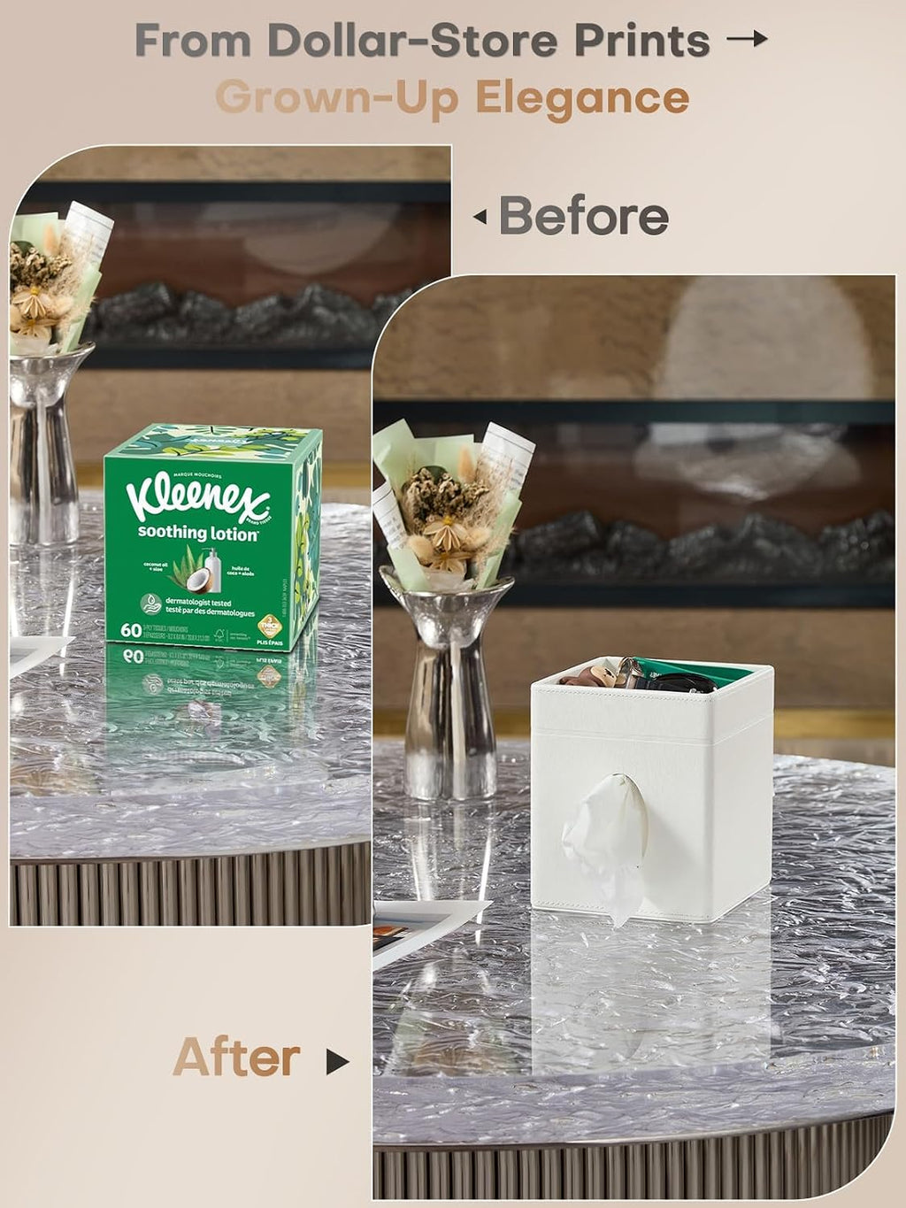 Square Tissue Box Cover Holder with Tray Compatible with Kleenex/Puffs Cubes,Patented Metal-Look PU Leather (Polar Ice)