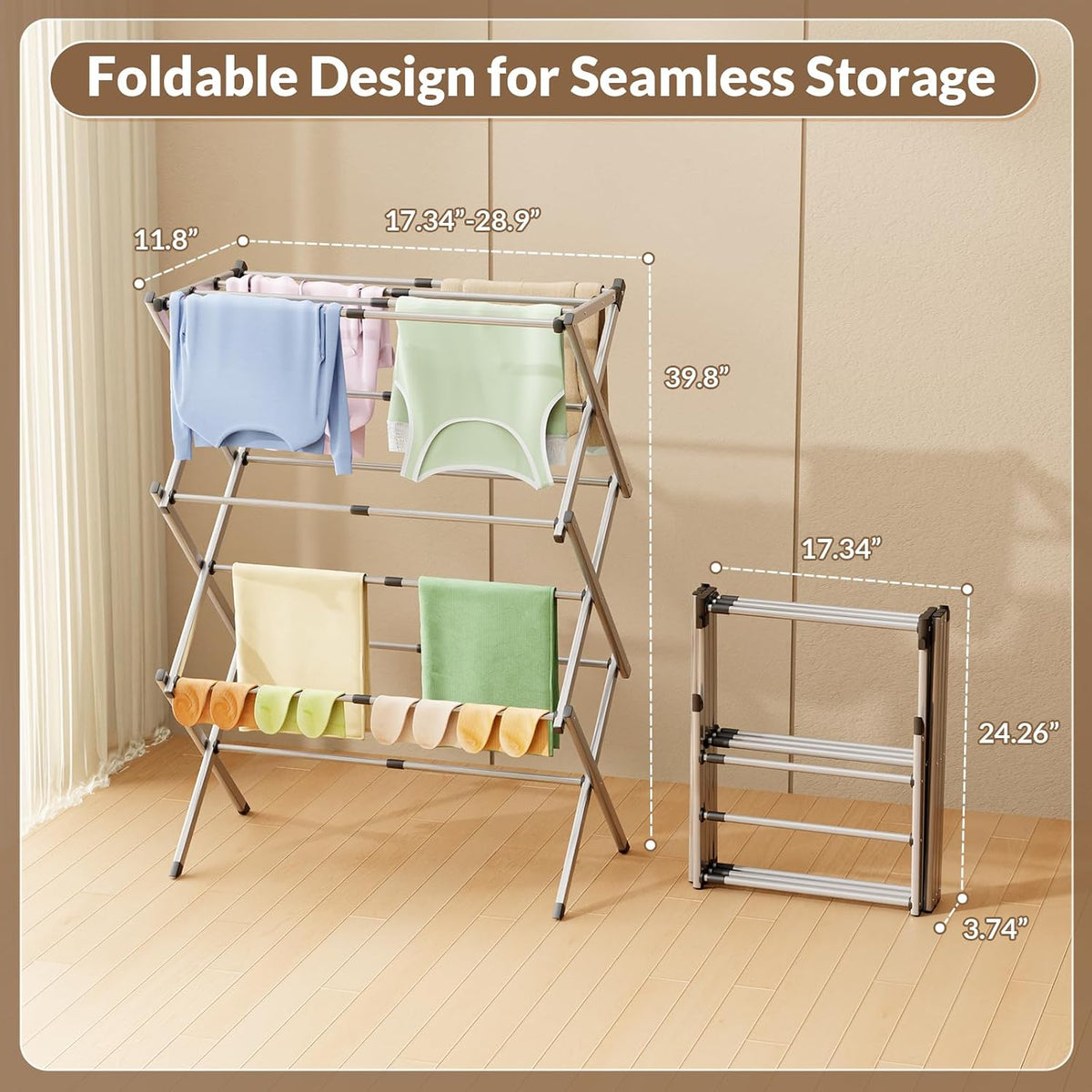 Collapsible Floor Drying Rack - Free Standing Accordion Laundry Dryer, Retractable Metal Clothes Hanger with Shoe Storage, Heavy Duty Rustproof Airer for Bathroom, Balcony & Rv