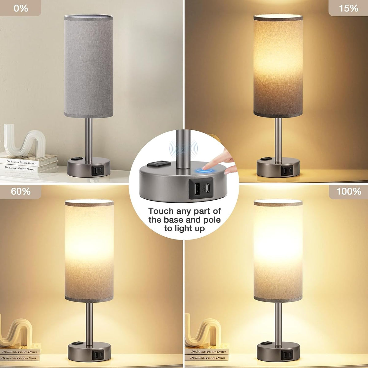 Fenmzee Grey Bedside Lamp for Bedroom, Dimmable Touch, USB A+C, AC Outlet