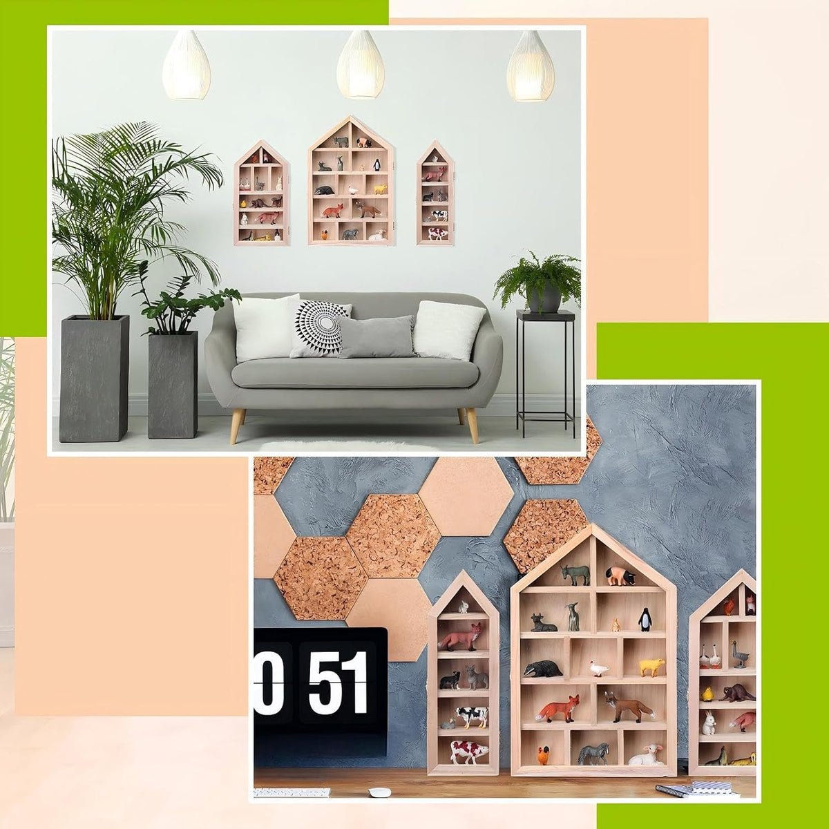 DoubleFill 3 Pcs Trinket Shelf Shadow Box, Wood Color, House Shape