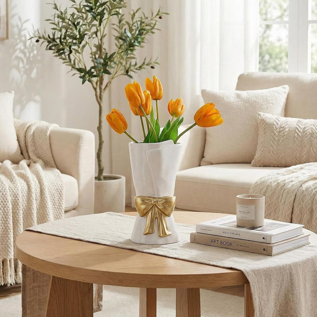 Relexome Fully Glazed White Ceramic Gold Bow Vase 9.64 in Unique Cute Modern Decorative Bouquet Flower Vases for Home Living Room Table Mother's Day Decor Women Gifts