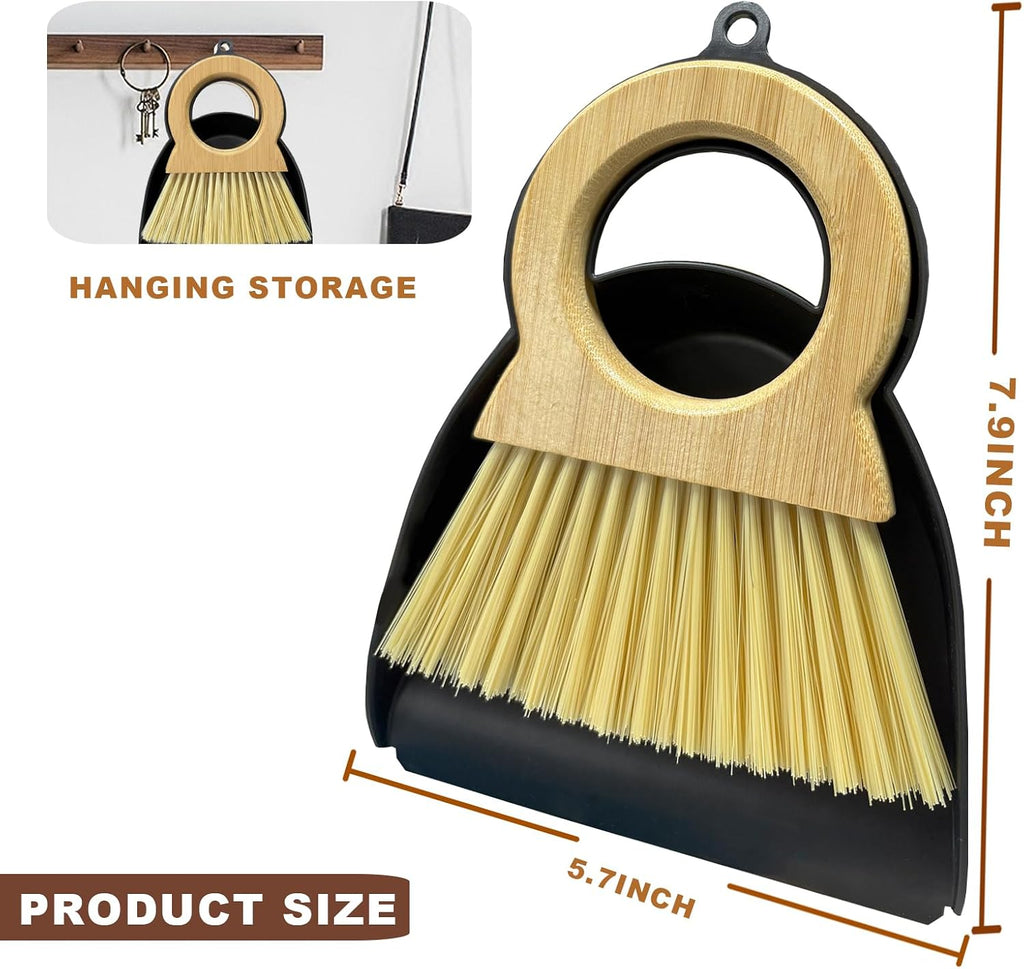 Mini Broom and Dustpan Set - Compact Bamboo Handle Cleaning Kit with Mini Dustpan Brush for Countertops, Tables, Desks - Small Dust Pan and Broom Combo for Tiny Spaces (Black)