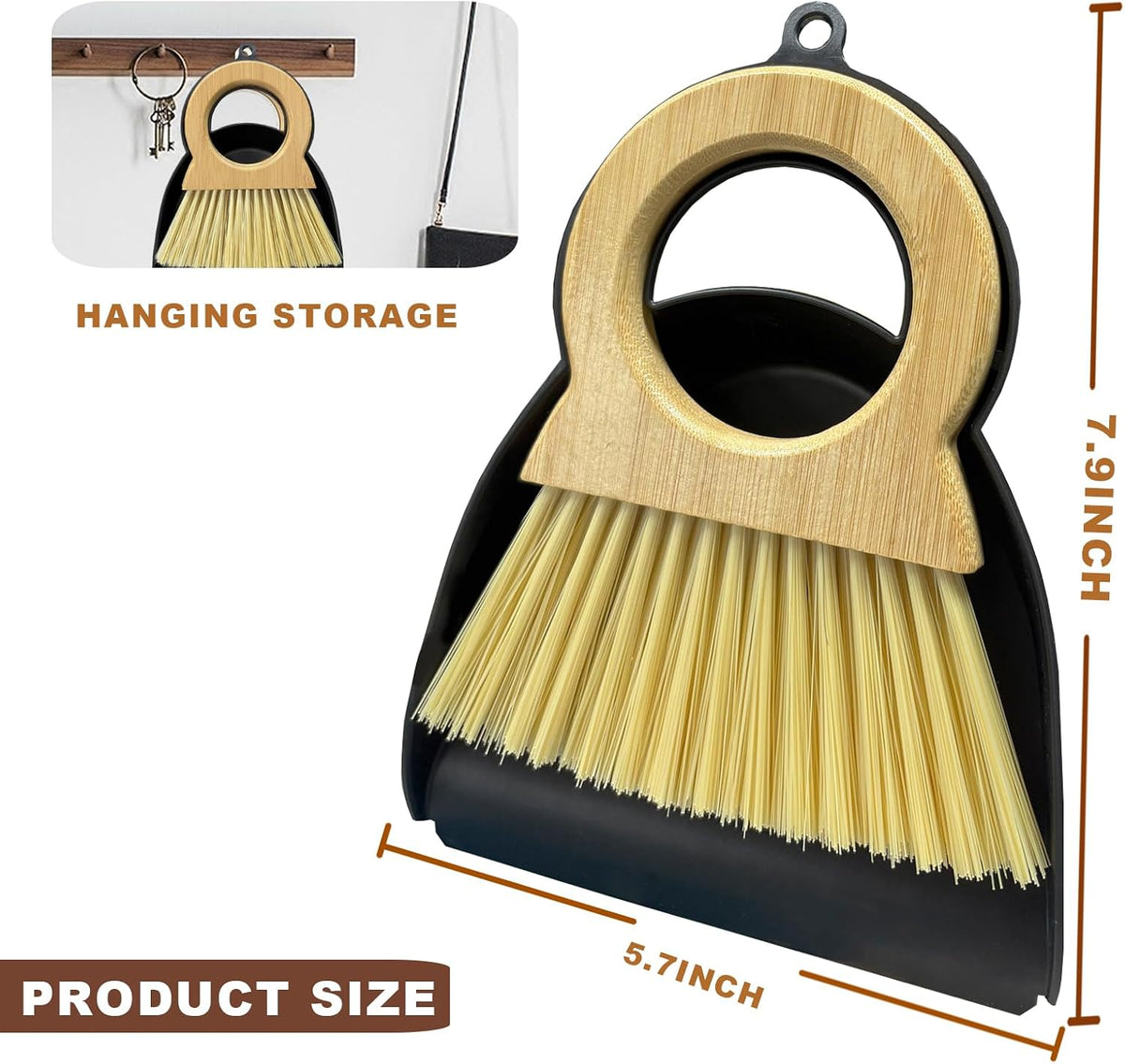 Mini Broom and Dustpan Set - Compact Bamboo Handle Cleaning Kit with Mini Dustpan Brush for Countertops, Tables, Desks - Small Dust Pan and Broom Combo for Tiny Spaces (Black)