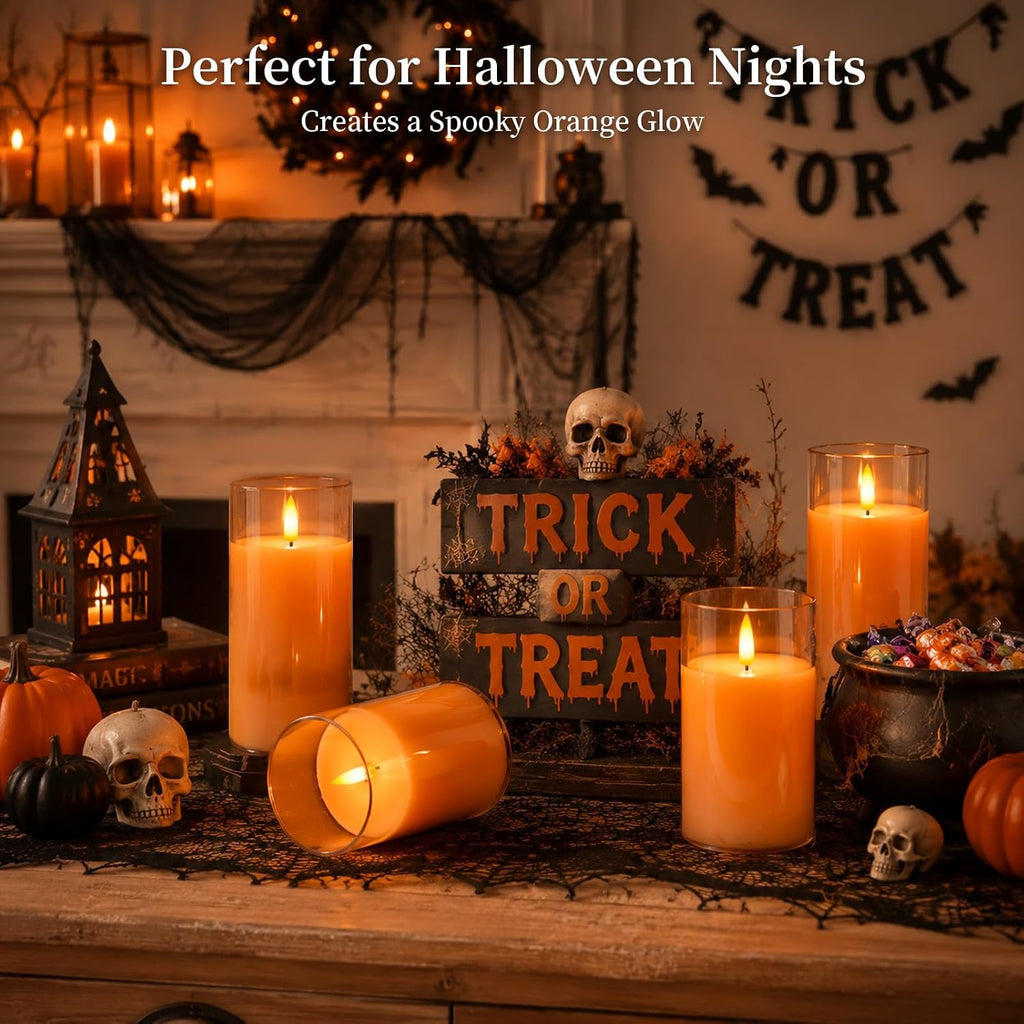 Amagic Orange Halloween Glass Flameless LED Pillar Candle with Remote Timer
