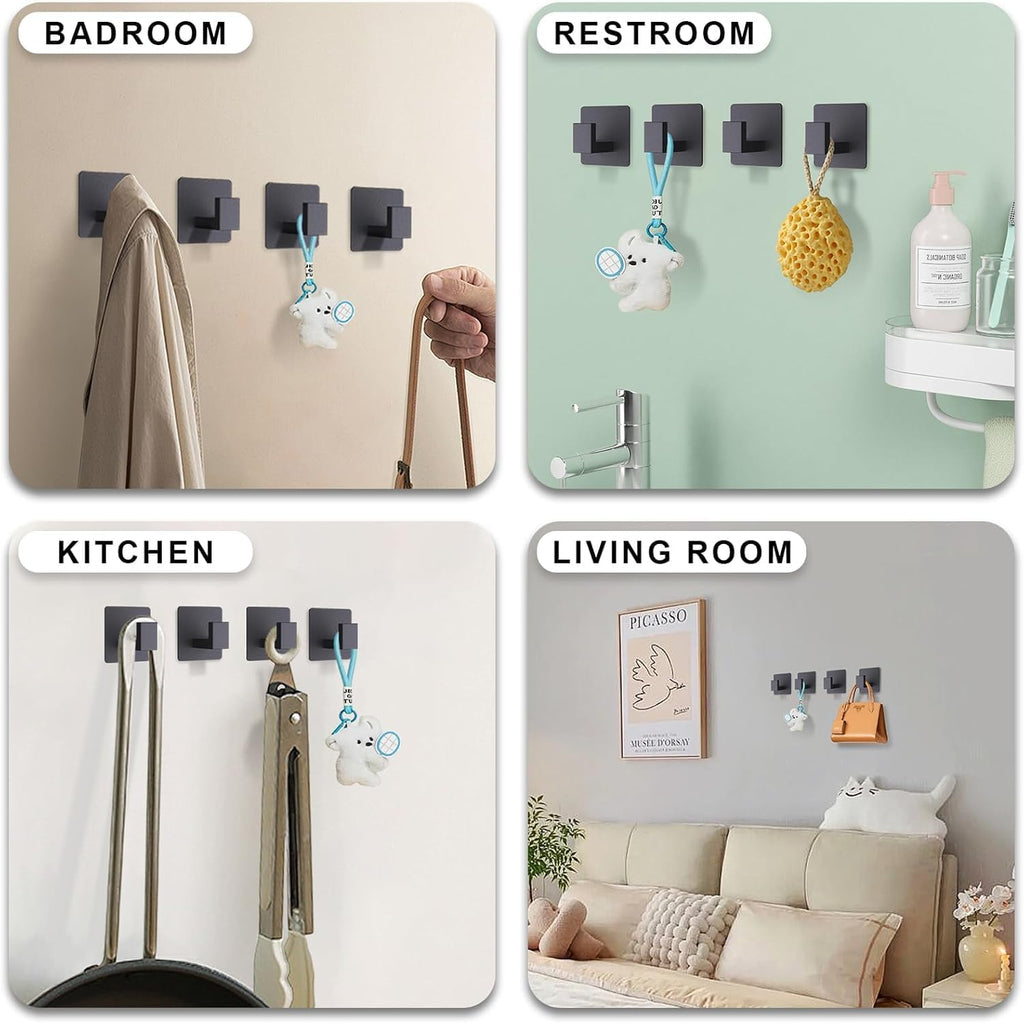 Black 4 Pack Self Adhesive Wall Hooks,Stainless Steel Stick On Towel Hook,Sturdy No Drilling Robe Hook,Heavy Duty Clothes Hanger Hook,Square Wall Hooks for Bathroom Bedroom Kitchen
