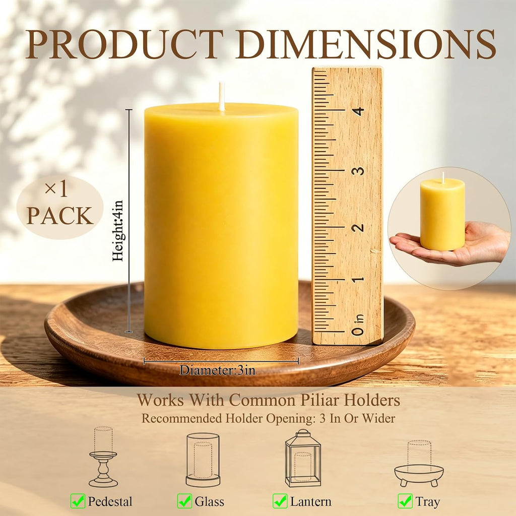 Beeswax Pillar Candles Bulk,Non-Toxic, 3X 4inch 1 Packs 60 Hours