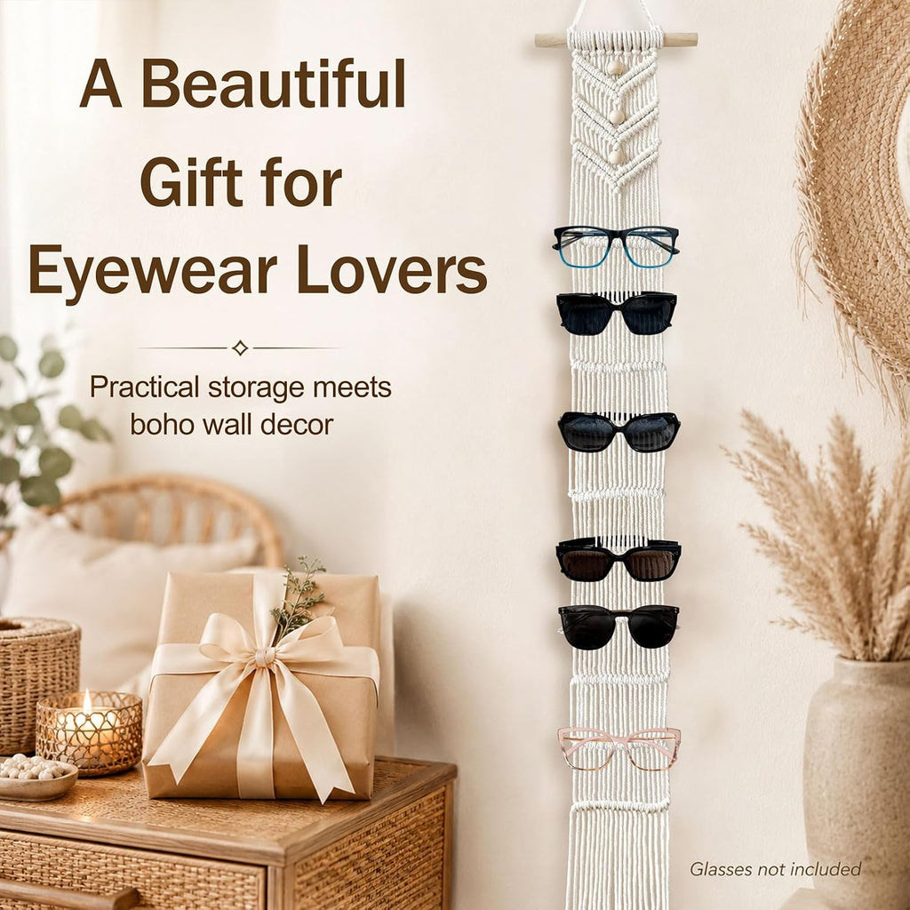 Macrame Sunglasses Holder for Wall, Boho Eyeglasses Organizer Holds Up to 10 Pairs, Handwoven Cotton Rope Glasses Display Rack with Wood Rod, Space-Saving Sunglass Storage for Bedroom Closet Entryway