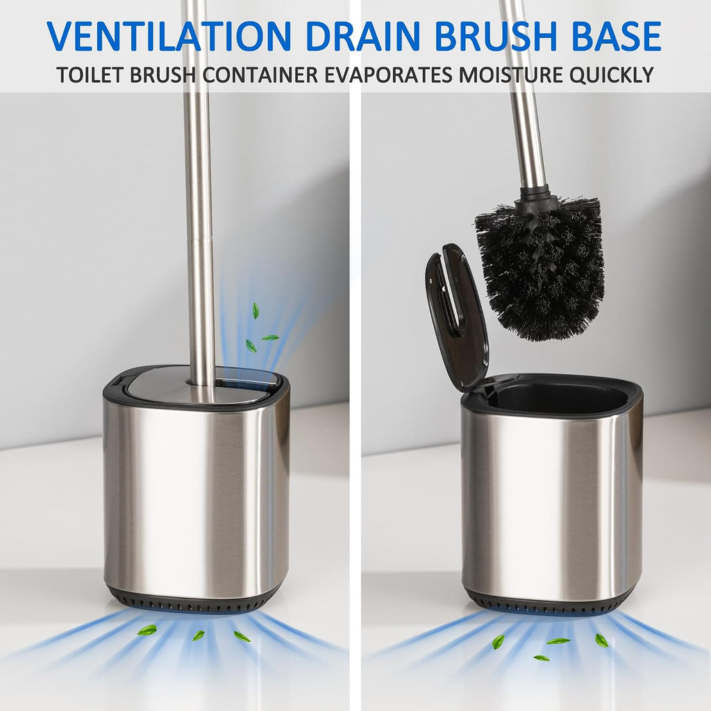 Toilet Bowl Brush and Holder, Toilet Brush with Stainless Steel Handle and Durable Bristles for Bathroom Cleaning, Automatic Closing Holder Set (Silver)