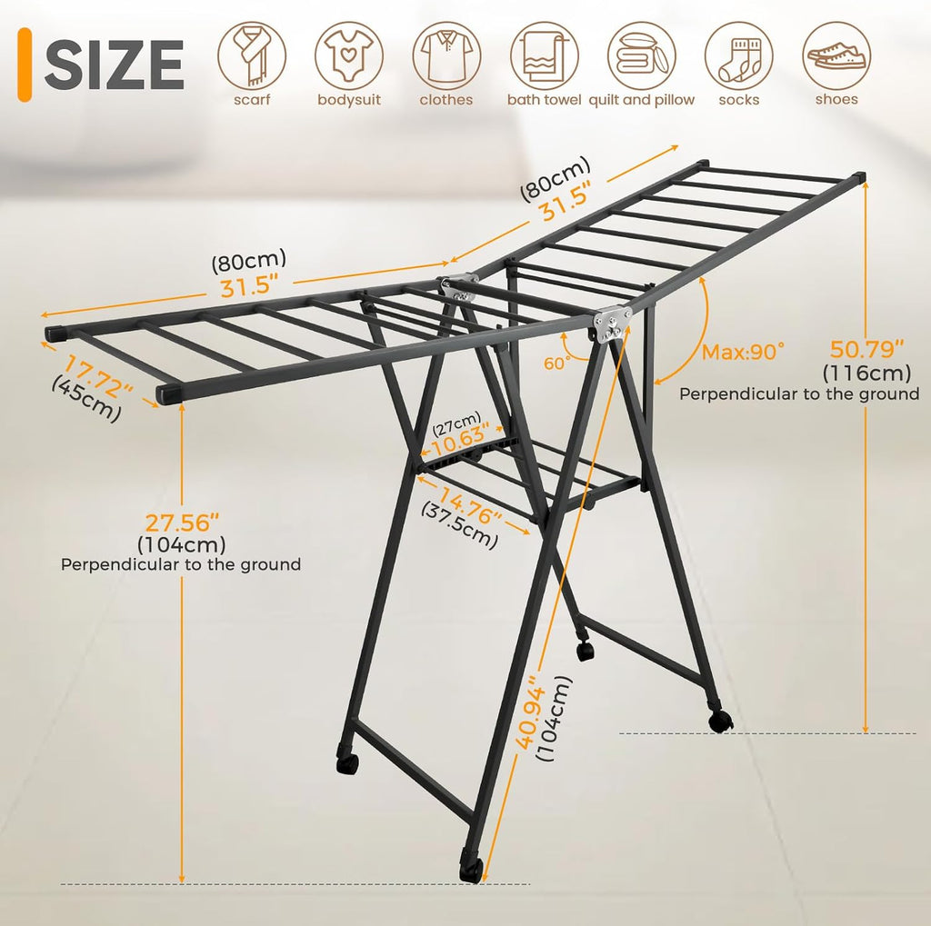 Foldable Standing Clothes Rack, 2-Tier Drying Hanger, for 20+ Pcs