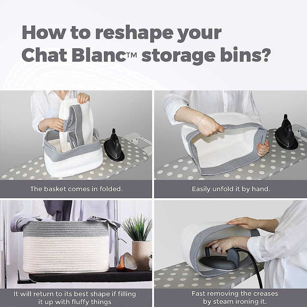 CHAT BLANC Cotton Rope Baskets for Organizing, Shelves, Toys, Storage, Shoe, Bathroom, Laundry, Towel, Nursery, Home Decor, Blanket, Cloth Woven Bins Fabric (Dark Gray & Creamy White7, 15"x10"x9")
