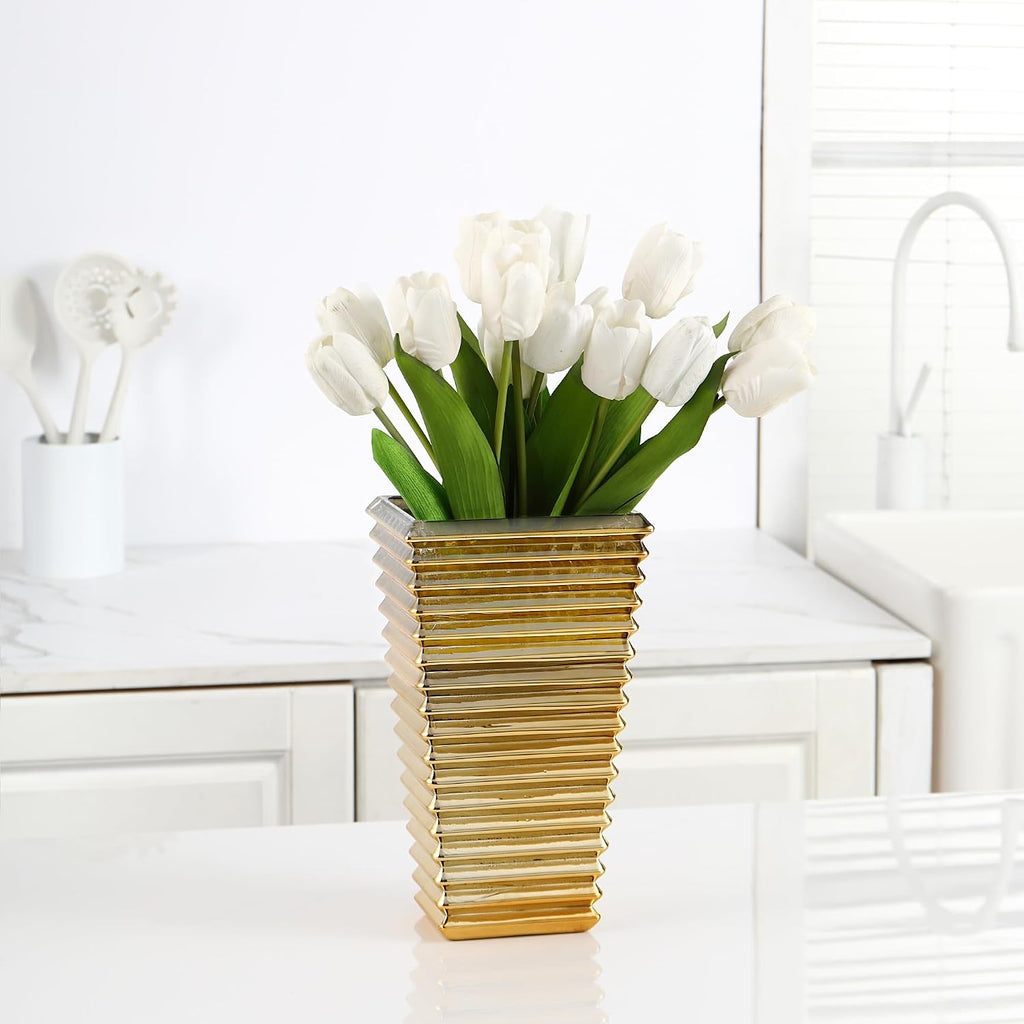 Crystal Glass Vase, Large Crystal Vases for Flowers, Large Flower Vase, Gold Modern Vases for Living Room, Bedroom, Kitchen, Dining Table, Mantle, Wedding, 11 Inches