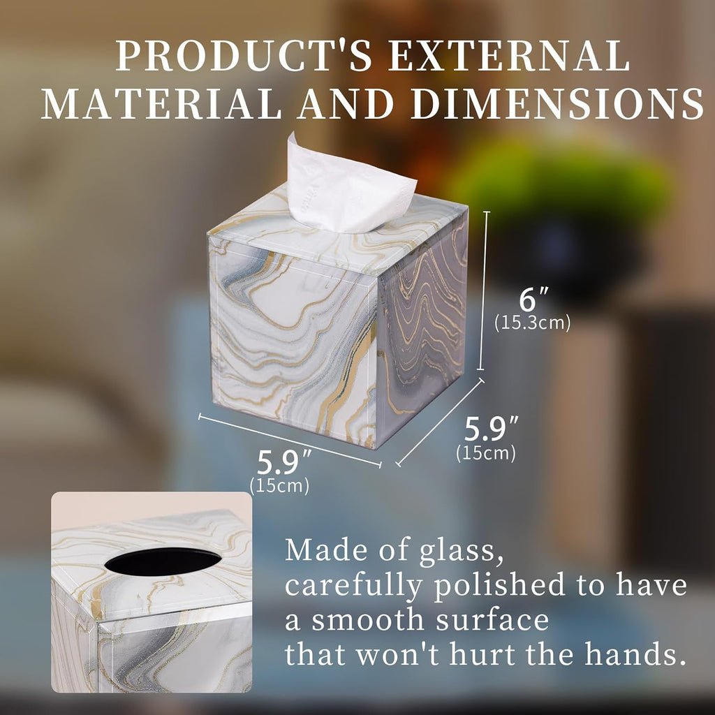 Square Marble Pattern Glass Tissue Box Cover for Table Display