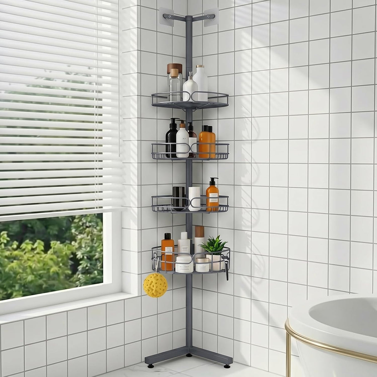 Standing Shower Caddy Corner, 4-Tier Adjustable Height Bathroom Organizer, 6-Section Pole, Sturdy Floor Standing Shelf for Shower – No Drilling, No Spring Tension (Gray)