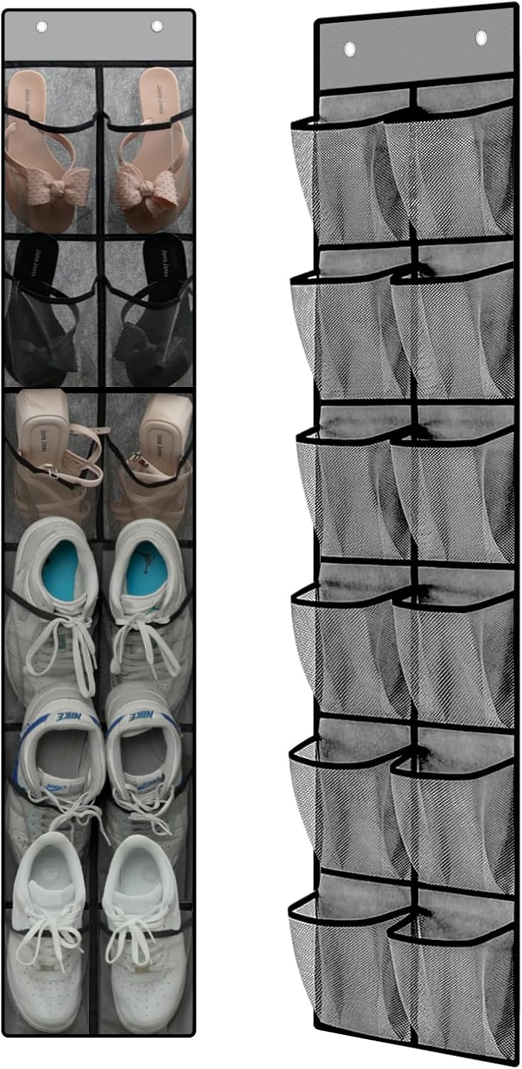MSLOVE Narrow Over The Door Shoe Organizer, 12 Large Mesh Pockets Hanging Shoe Organizer for Closet Organizers and Storage, Grey, 2 Pack