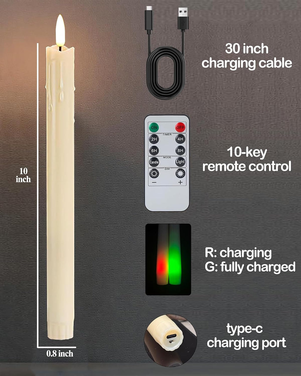 Gmnee 9.6" Taper Rechargeable Candles with Remote and Timer, Ivory