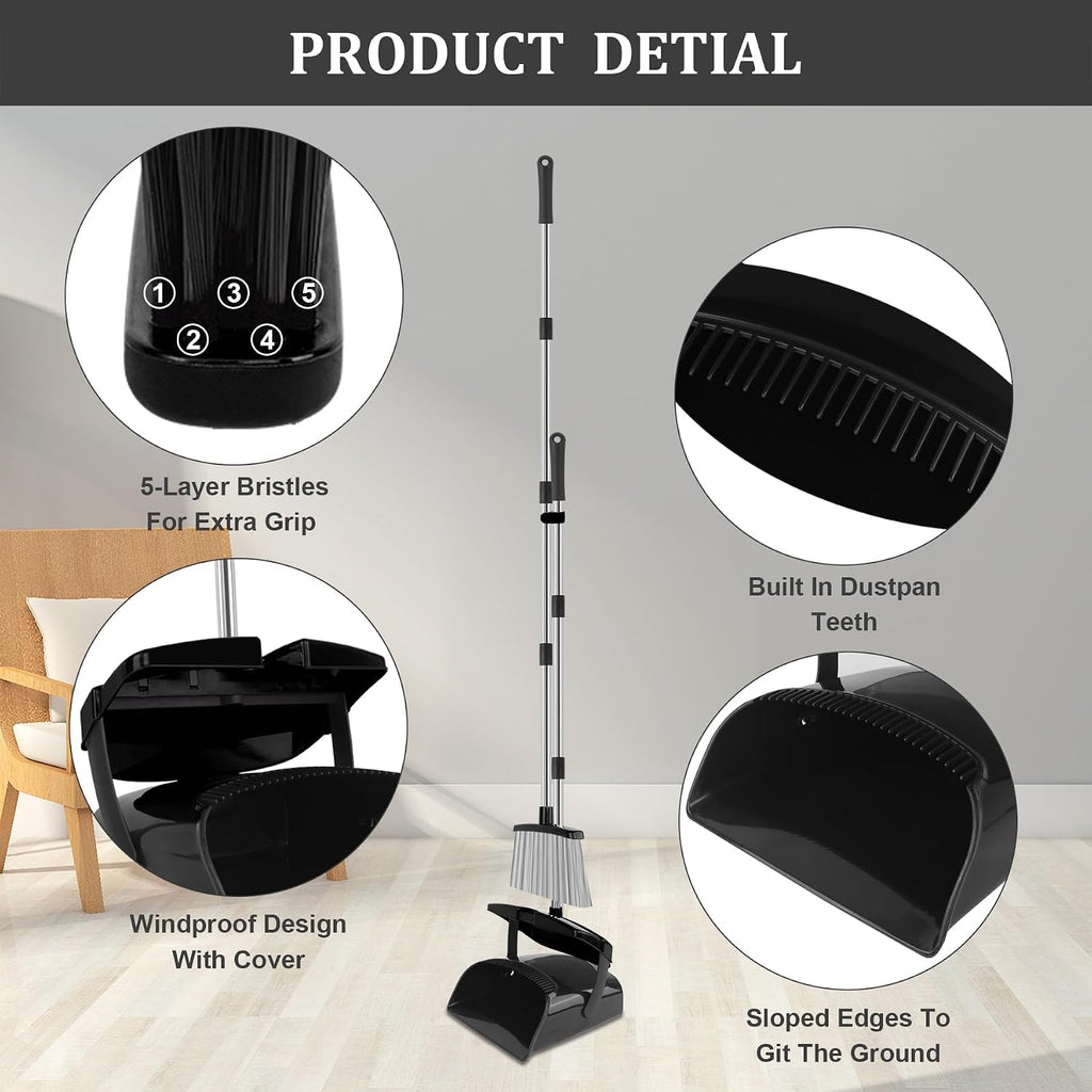 Broom and Dustpan Set, 51" Long Handle Broom with Dustpan Combo Set, Windproof Standing Dust pan with Self-Cleaning Teeth, Household Set Sweep Kitchen Office Lobby Pet Room