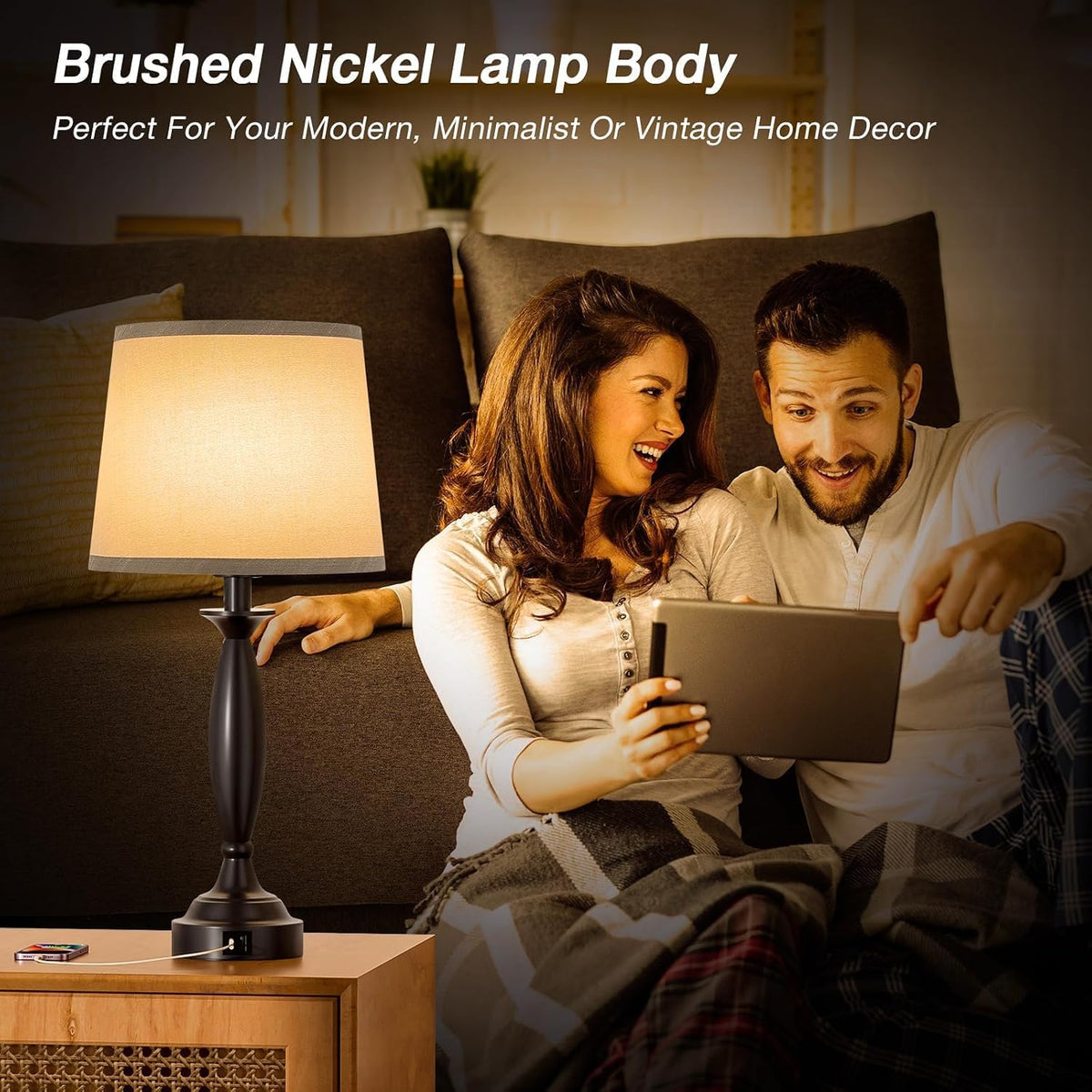 Bedroom Lamps for Nightstand, 3 Way Dimmable Black Bedside Lamps with USB