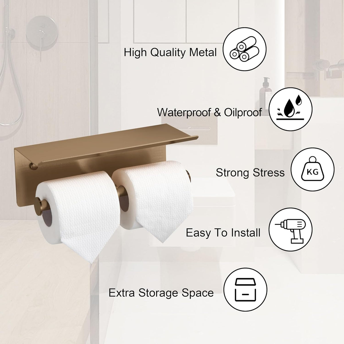 Double Toilet Paper Holder with Shelf Champagne Gold Wall Mount