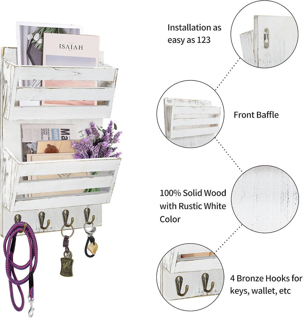 Unistyle Mail Holder with Key Hooks Mail Organizer Wall Mount Hanging Mail Organizer for Home,Office,Entryway,Mail Holder Wall Mounted for Letter, Magazines, Keys, Leashes