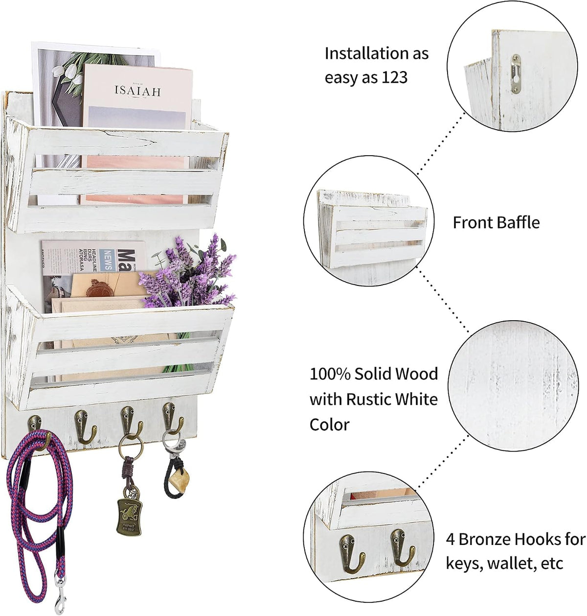 Unistyle Mail Holder with Key Hooks Mail Organizer Wall Mount Hanging Mail Organizer for Home,Office,Entryway,Mail Holder Wall Mounted for Letter, Magazines, Keys, Leashes