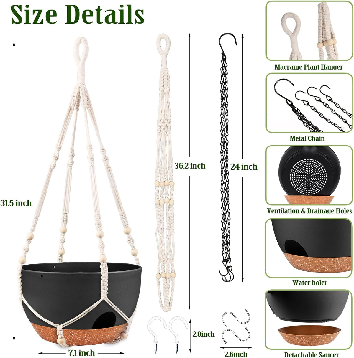 12 Inch Hanging Basket Planter with Chain & Rope for Indoor Outdoor Plants