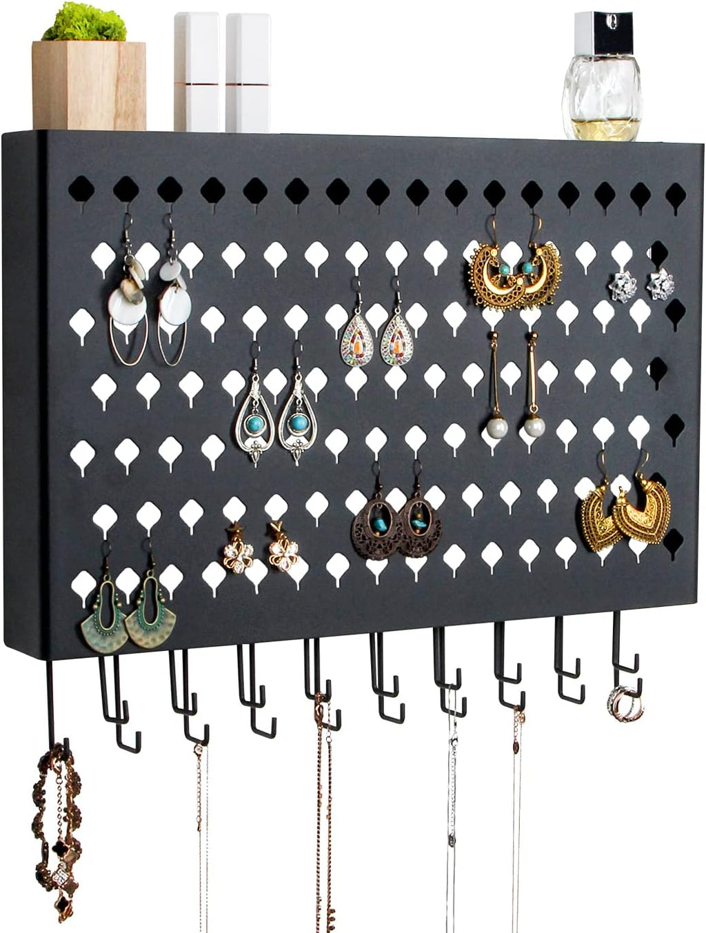 JackCubeDesign Wall Mounted Jewelry Organizer, Earring Necklace Bracelet Holder Display Hanger with 109 Holes & 19 Hooks (Black,16.5 x 2.4 x 13.2 inches) - MK329A