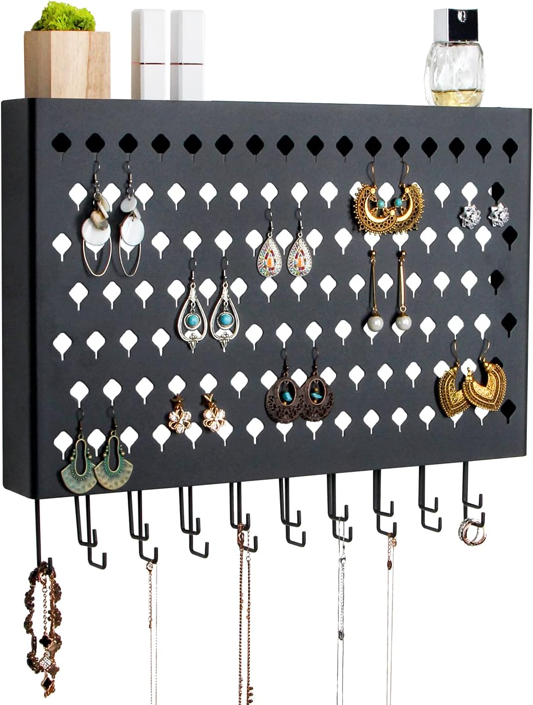 JackCubeDesign Wall Mounted Jewelry Organizer, Earring Necklace Bracelet Holder Display Hanger with 109 Holes & 19 Hooks (Black,16.5 x 2.4 x 13.2 inches) - MK329A