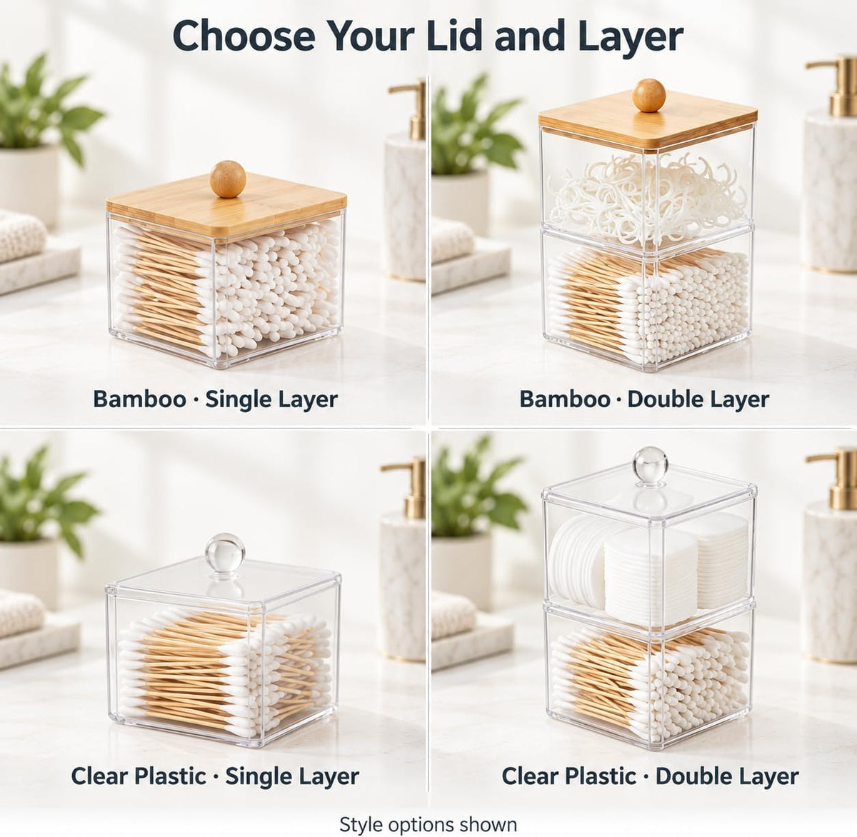Cotton Ball Holder, Bamboo Lid, Double Layer, Stackable