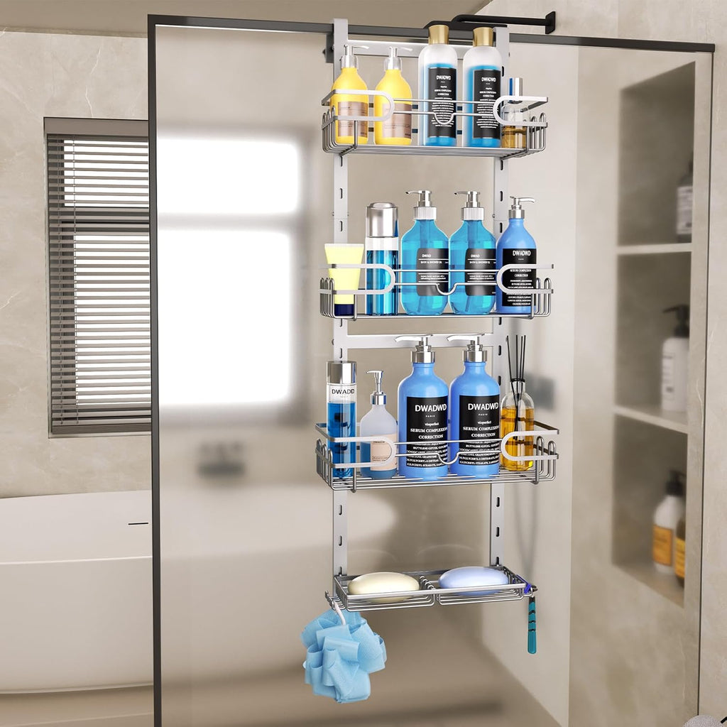 Consumest Over The Door Shower Caddy - 4 Tier Adjustable Hanging Shower Organizer Shelf with 2 Soap Holders & 22 Hooks, Rustproof Easy Installation Hanging Storage Rack for Bathroom, Silver