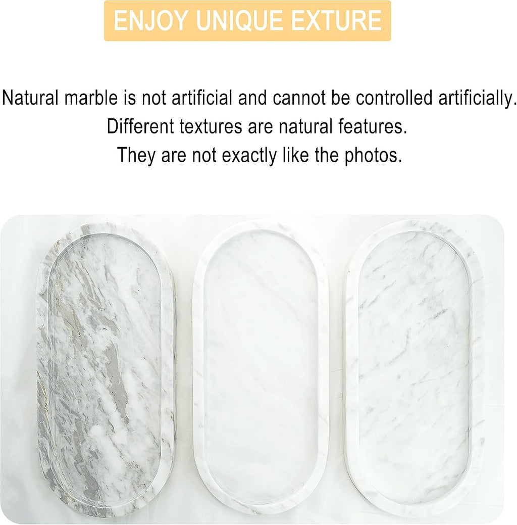Natural Marble Vanity Tray Waterproof Italy Stone Bathroom Organizer for Perfume, Candles & Jewelry Non-Slip Oval Storage Tray for Spa, Bedroom, Kitchen 9.8" x 4.5" White (BH101)