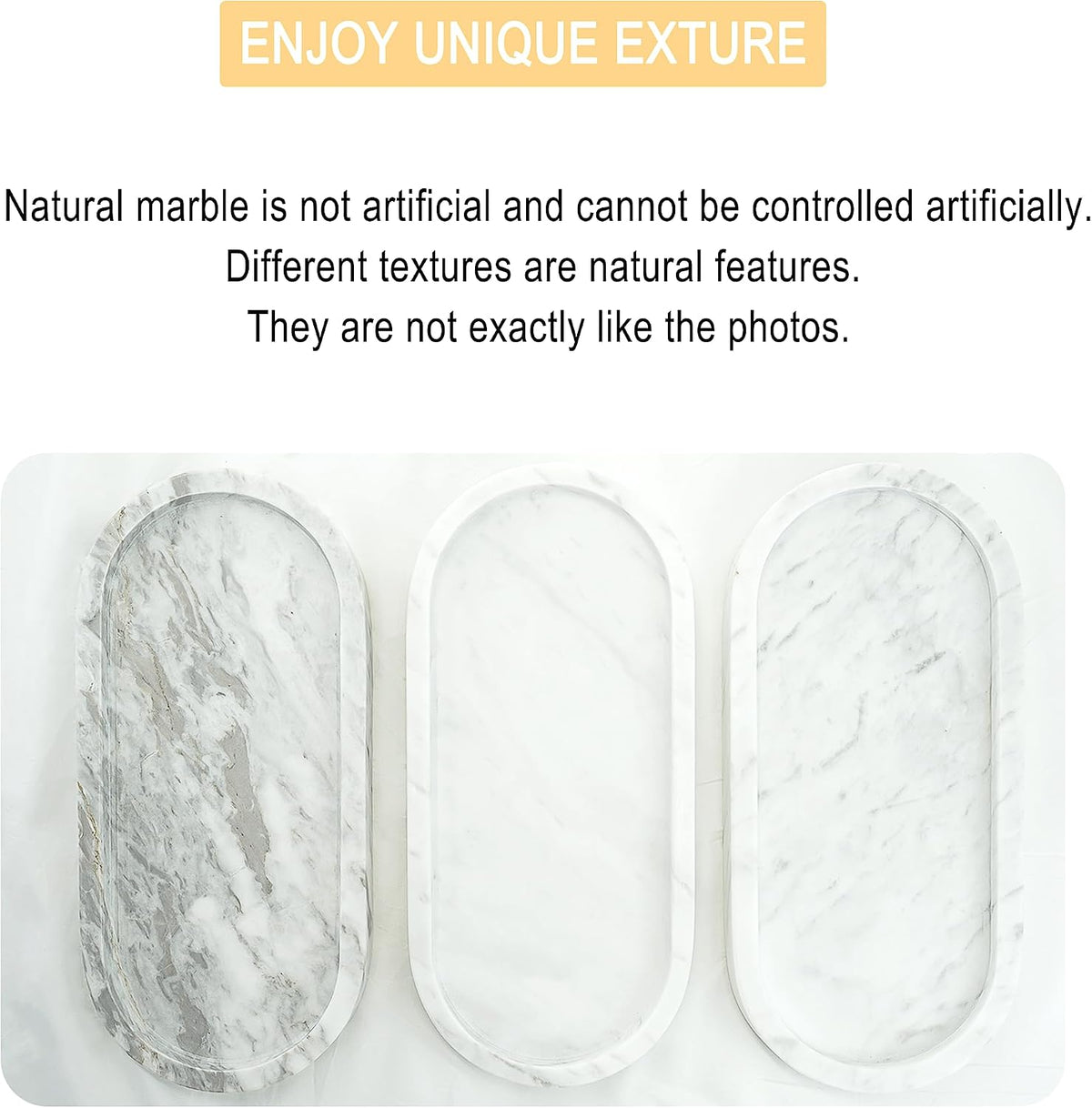 Natural Marble Vanity Tray Waterproof Italy Stone Bathroom Organizer for Perfume, Candles & Jewelry Non-Slip Oval Storage Tray for Spa, Bedroom, Kitchen 9.8" x 4.5" White (BH101)
