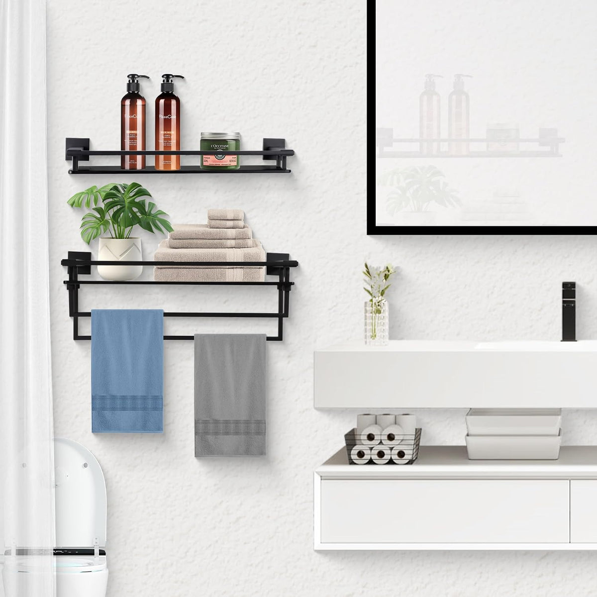 LANC Black Bathroom Shelves Glass Shelf 20-Inch Floating Tempered Glass Shelf Rectangular Modern Stainless Steel Wall Mounted Shelves for Shower Bathroom Kitchen Organizers Accessories ，A7613AB