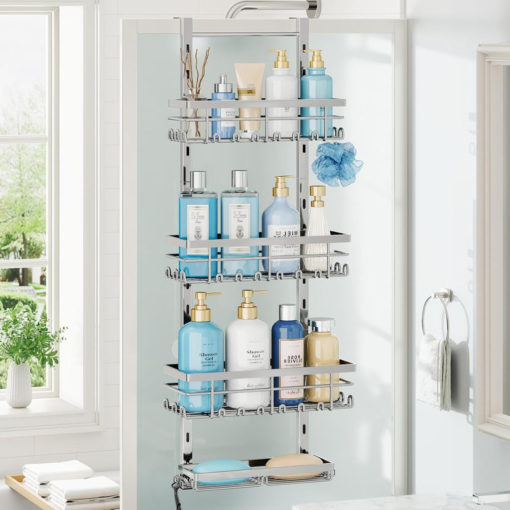 SWTYMIKI Over The Door Shower Caddy - 4 Tier Rustproof Hanging Shower Organizer with Adjustable Shelves, 40 Hooks & Soap Holder, Hanging Shower Rack Storage for Bathroom Accessories, Silver