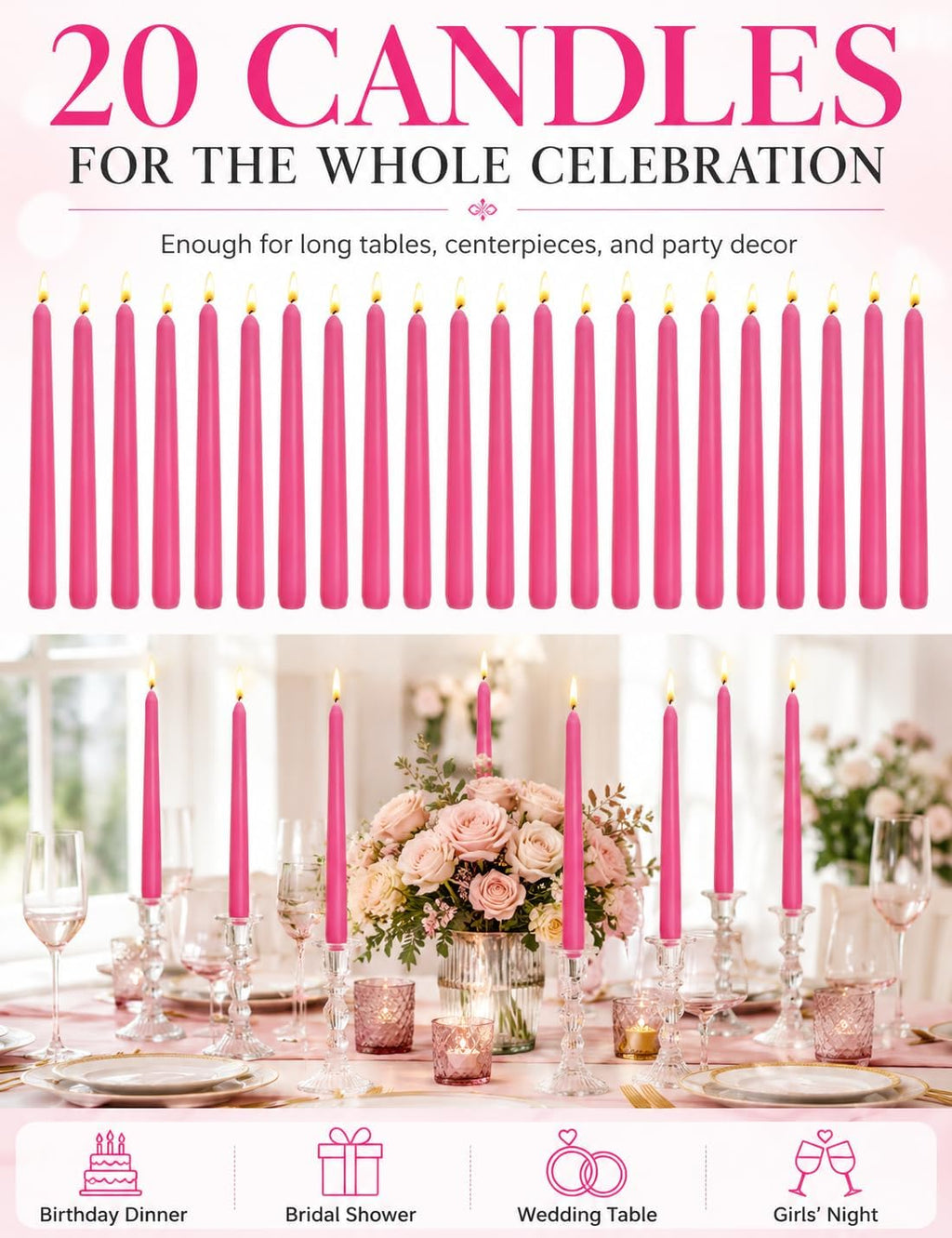 Hot Pink Elegant Taper Candles for Romantic Home Décor and Events