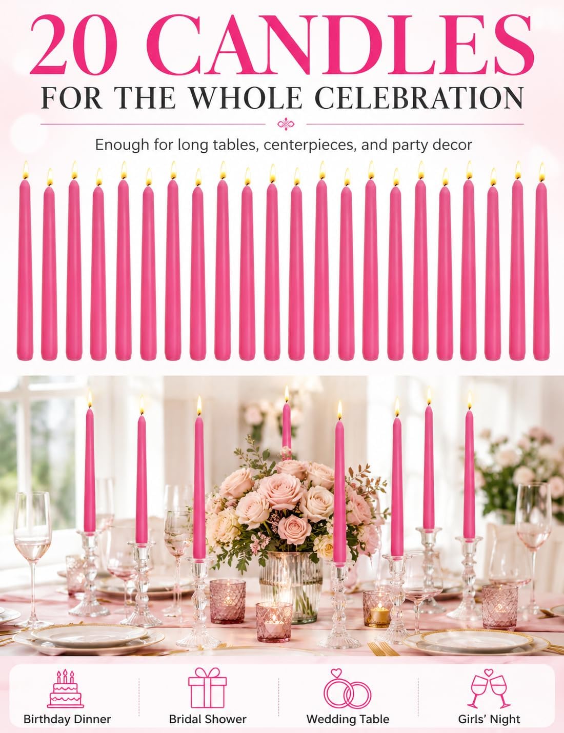 Hot Pink Elegant Taper Candles for Romantic Home Décor and Events