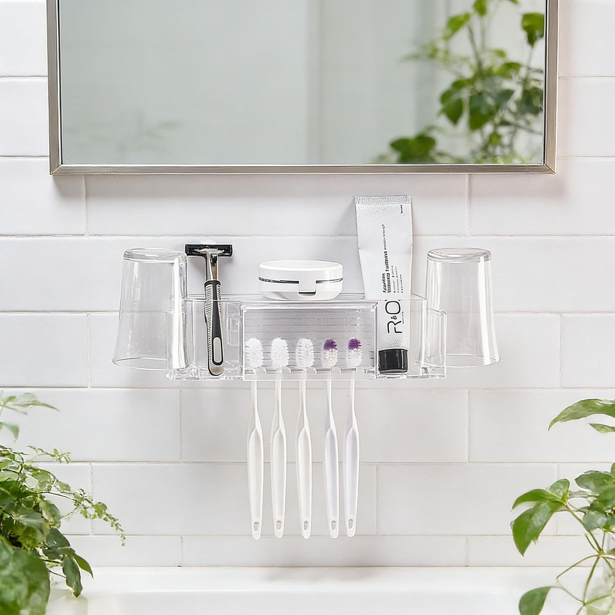 5 Slots Wall Mount Toothbrush Holder with Cover, Self Adhesive Toothbrush Storage Organizer for Shower, Toothpaste & Toothbrush Hanger for Bathroom, Medicine Cabinet, Dorm (Clear Large)