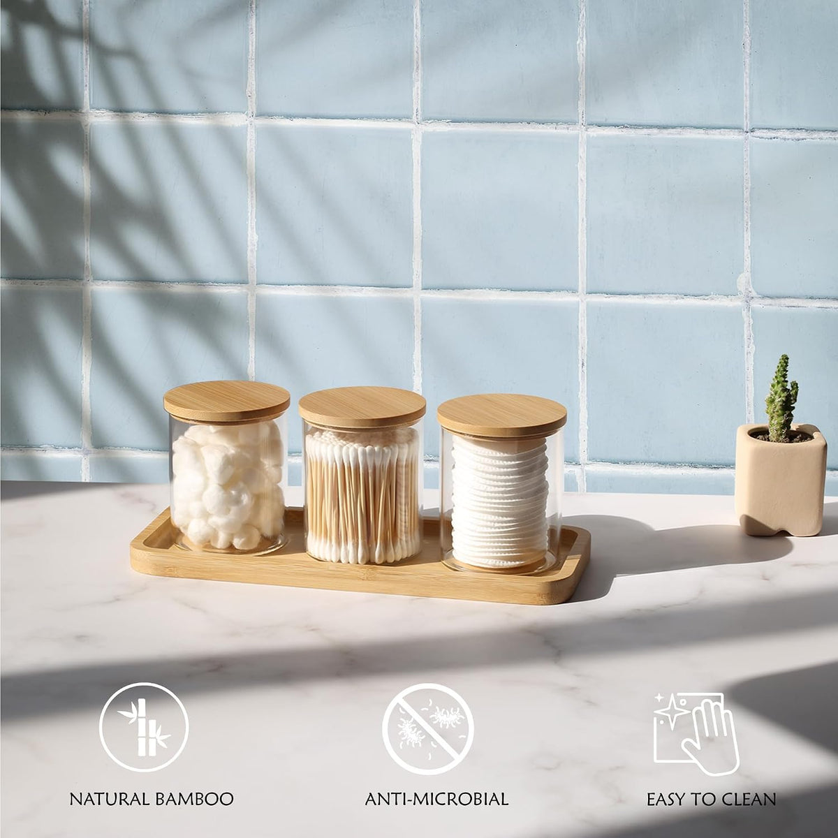 INIUNIK Qtip Holder with Vanity Tray, 3 Pack Glass Apothecary Jars with Lids, Bathroom Accessories Canisters Organizers Jars Containers for Cotton Ball Round Swab Pad Hair Ties Floss Perfume Jewelry