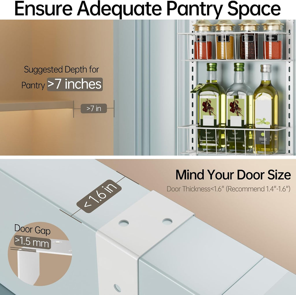 Delamu Pantry Door Organizer, Adjustable Metal Over the Door Pantry Organizer Rack, 6-Tier Over the Door Spice Rack, Kitchen Pantry Door Organizers and Storage, D5 W12 H52.1 inch, White, Small