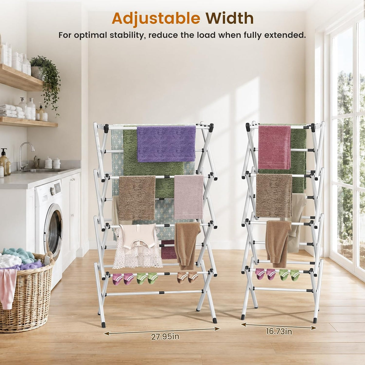 4-Tier Foldable Clothes Drying Rack, Adjustable Width 16.3"-27.95", Heavy Duty Stainless Steel Laundry Drying Rack Holds Up to 60 lbs, No Assembly, Space-Saving Indoor & Outdoor Drying Rack