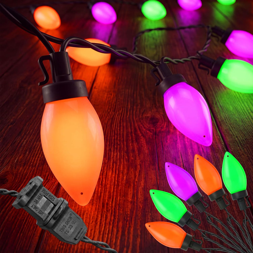 SUNSGNE 26FT 50 LED C9 Halloween String Lights, Orange Green Purple Bulbs
