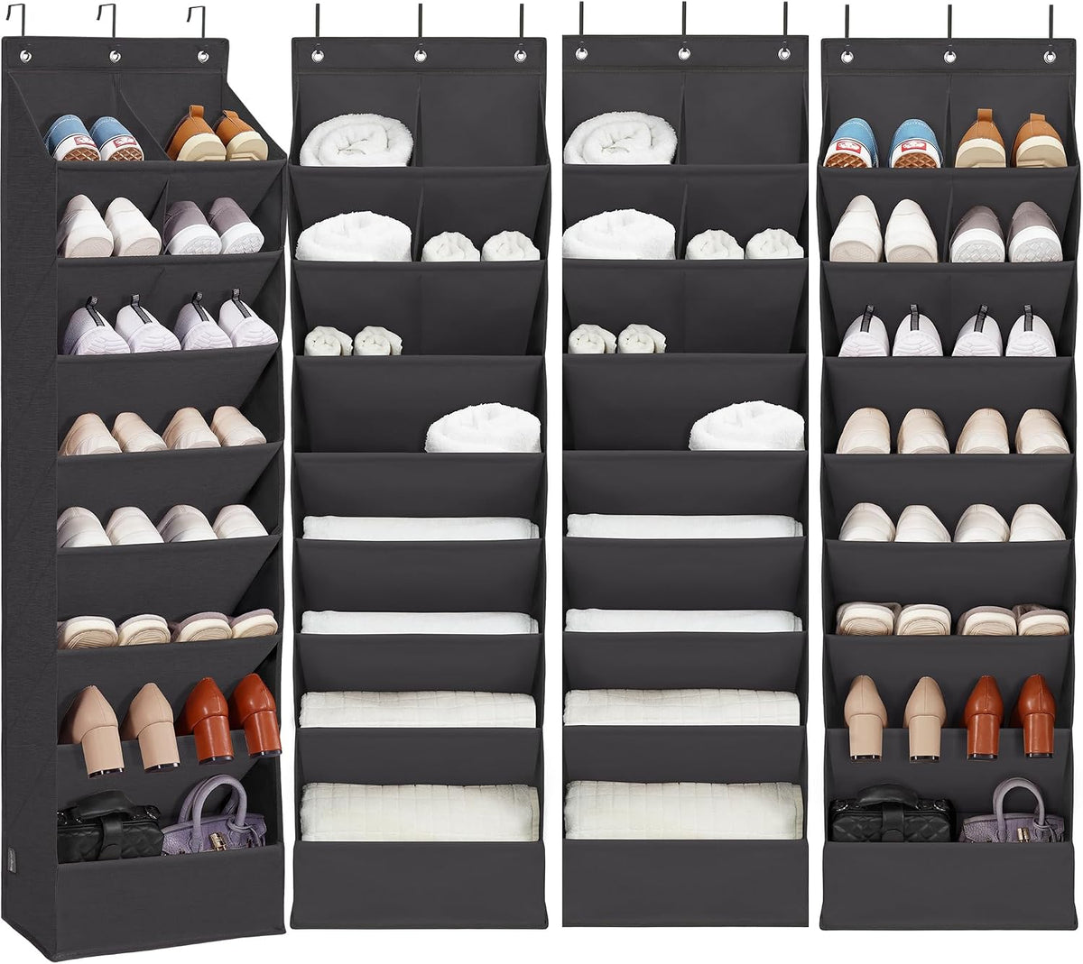 4 Pack Shoe Organizer with 6 Extra Large Pockets and 4 Large Pocket, Over the Door Sturdy Closet Storage Rack, Hanging Shoe Organizer for Shoes, Sneakers, Black