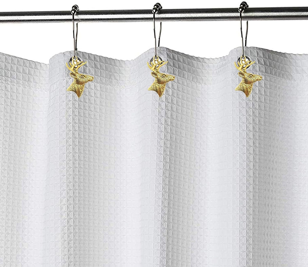 Set of 12 Deer Shower Curtain Hooks Rings Rustic Cabin Bath Christmas Theme Decoration Reindeer Antlers Stag Woodland Stainless Steel Rustproof (Gold)