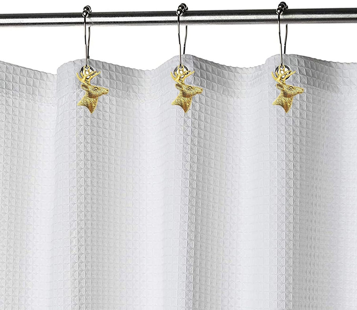 Set of 12 Deer Shower Curtain Hooks Rings Rustic Cabin Bath Christmas Theme Decoration Reindeer Antlers Stag Woodland Stainless Steel Rustproof (Gold)