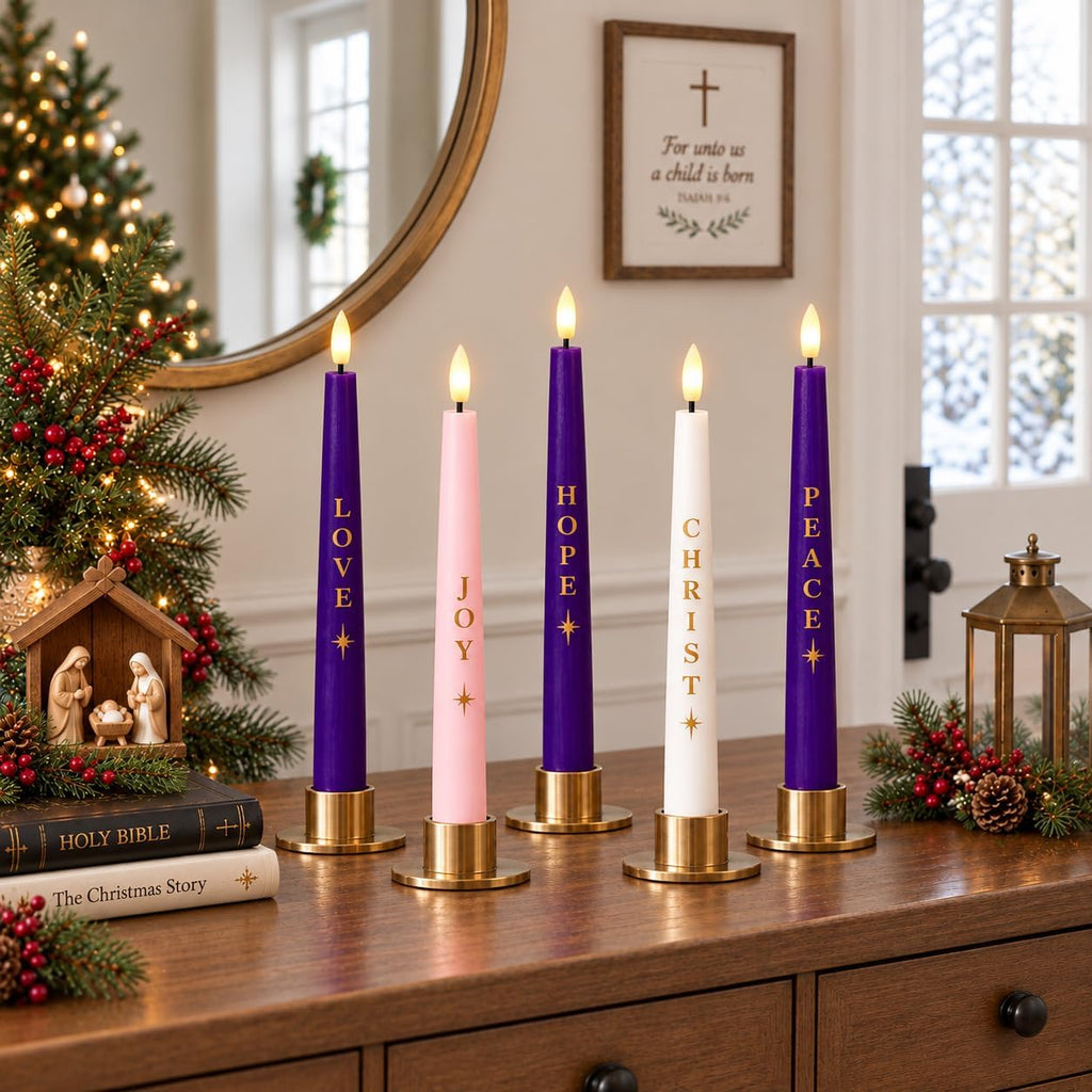 Flameless Advent Candles, Christmas Taper Candles Church Christian Decor