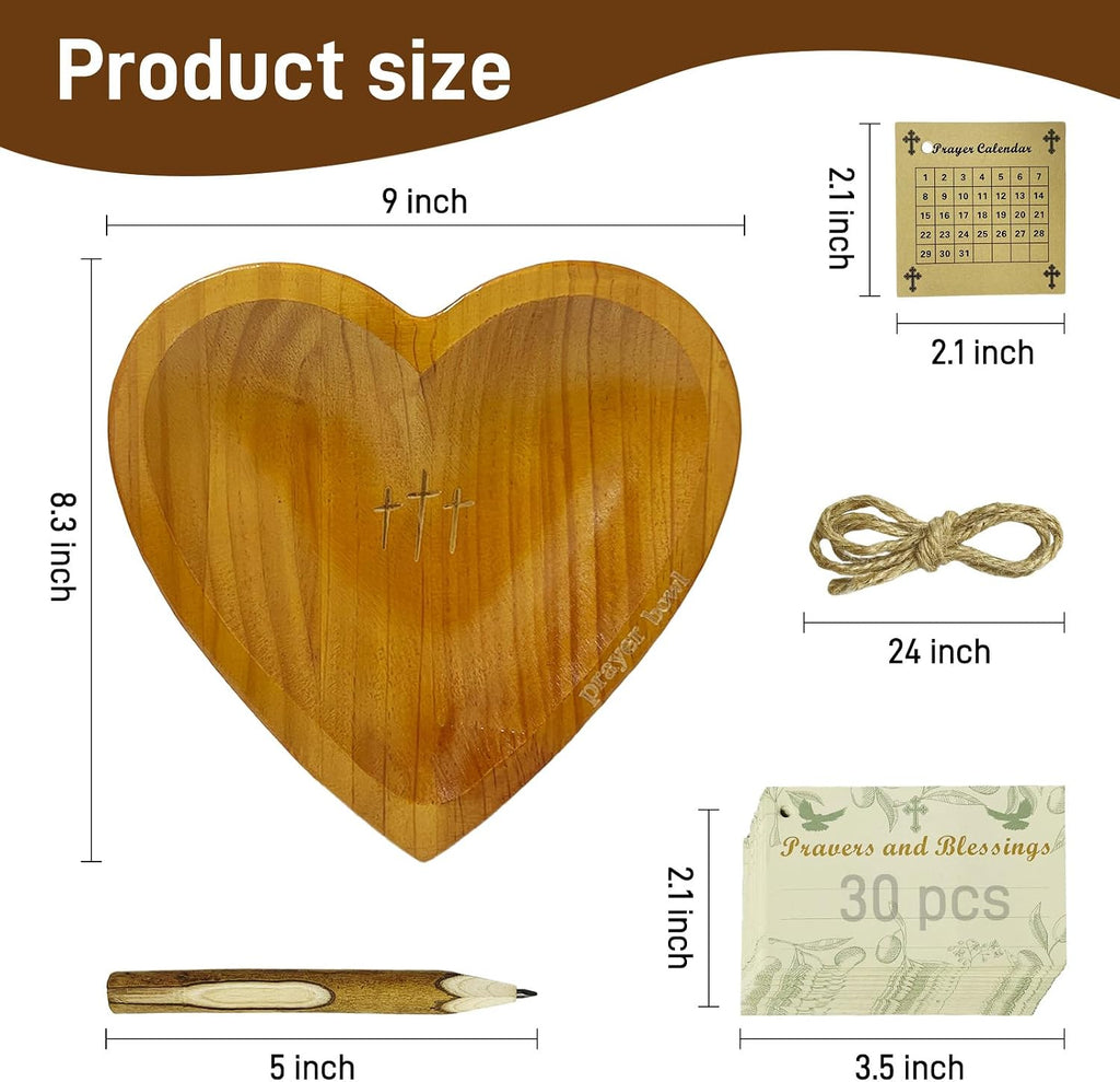 Wooden Heart Prayer Bowl with 30 Cards and Pencil, Christian Gift