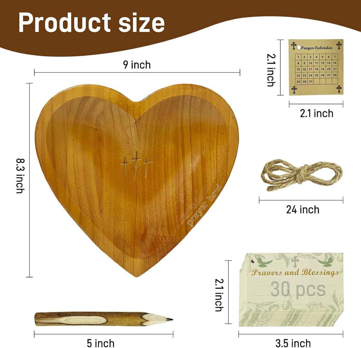 Wooden Heart Prayer Bowl with 30 Cards and Pencil, Christian Gift