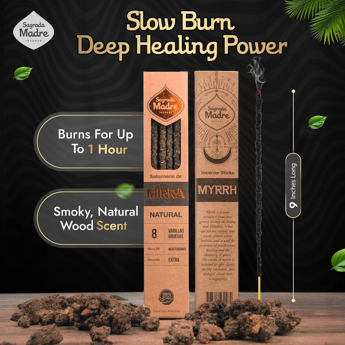 Sagrada Madre Natural Myrrh Incense, 8 Sticks, 9-Inch Long