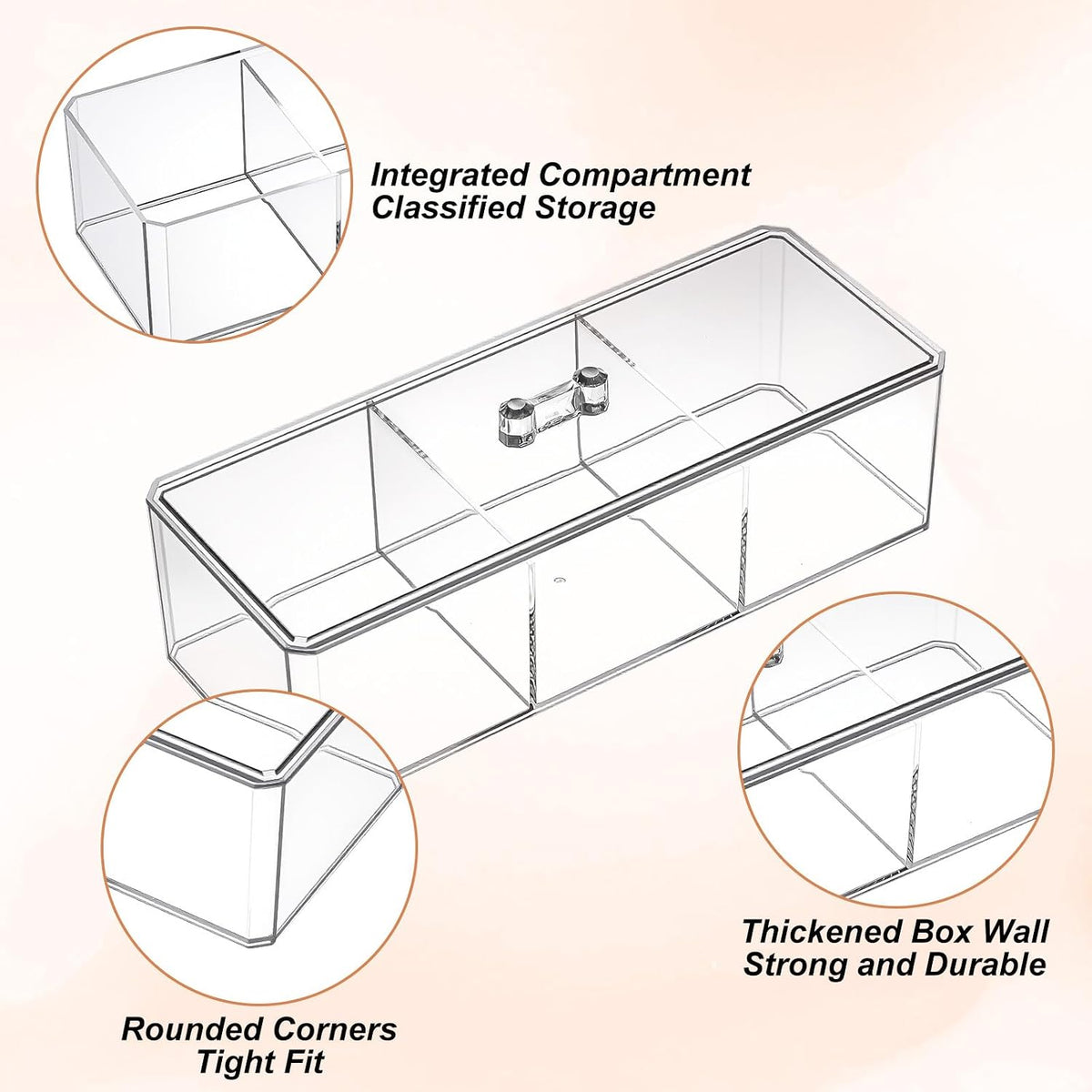 3 Pack Clear Acrylic Organizer with Lid, 3 Compartments Cotton Ball and Swab Holder Jar, Waterproof Bathroom Storage Containers for Vanity, Makeup Pads, Cosmetics, 8.94x3.54x2.56 Inch