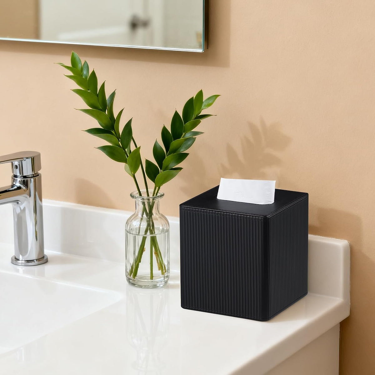 PU Leather Square Tissue Box Cover Tissue Box Holder Cube (Black)